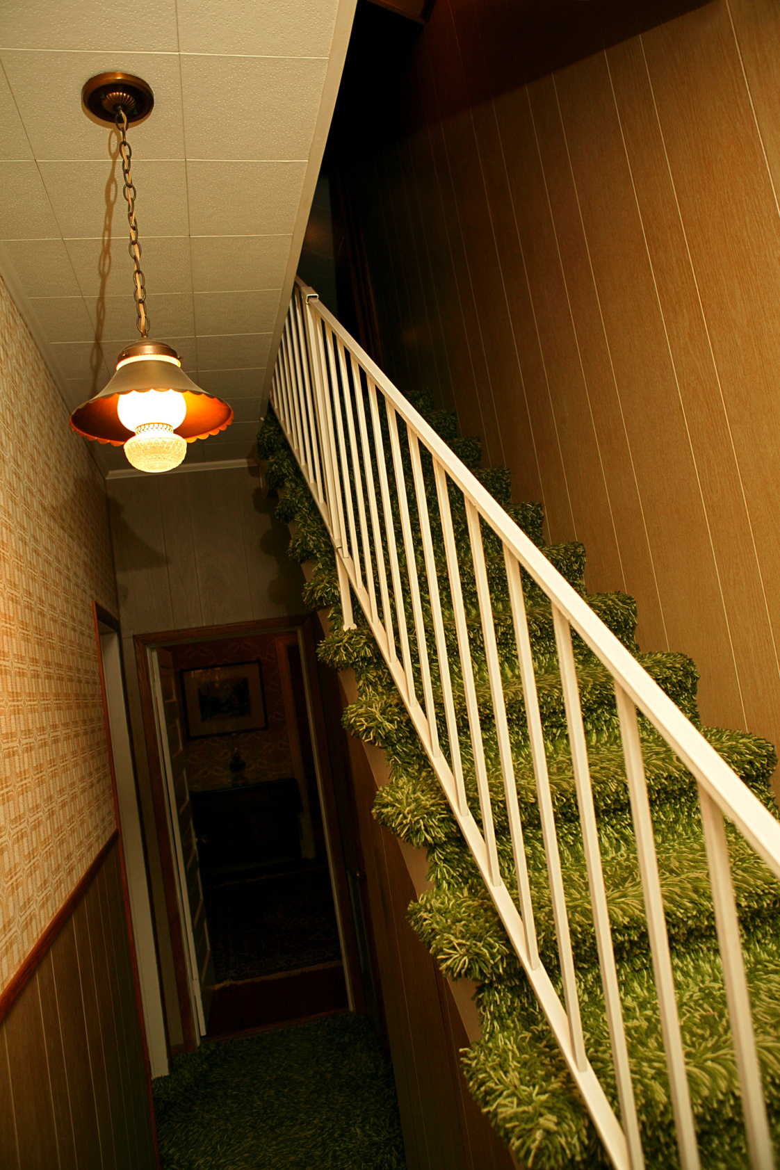 Looking down the hall with a chandelier and up the stairs with metal bannister and green shag carpet.